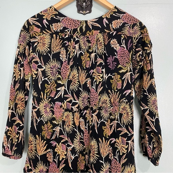 Banjanan Floral Neon Black Long Sleeve Maxi Tropical V Neck Dress Sz XS - Picture 4 of 6